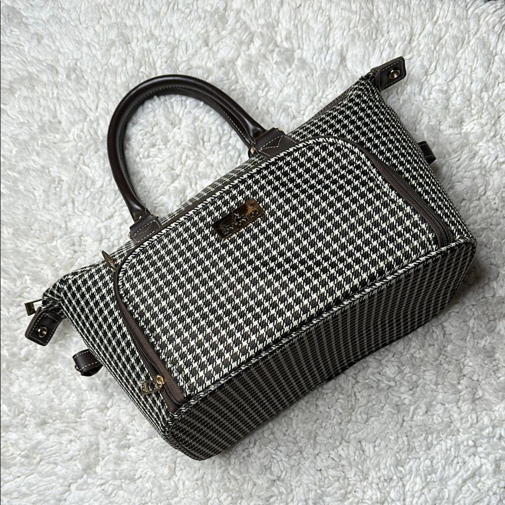 London Fog Plaid Duffle Bag Stylish Houndstooth Handbag Clear Liner Gold Details